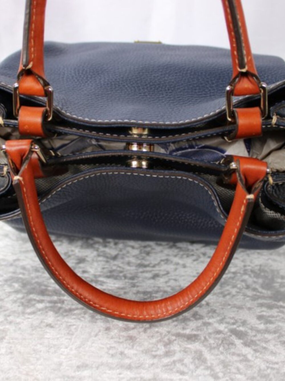 Dooney & Bourke Pebble Grain Leather Satchel Navy & British Tan Crossbody Bag - Picture 7 of 11